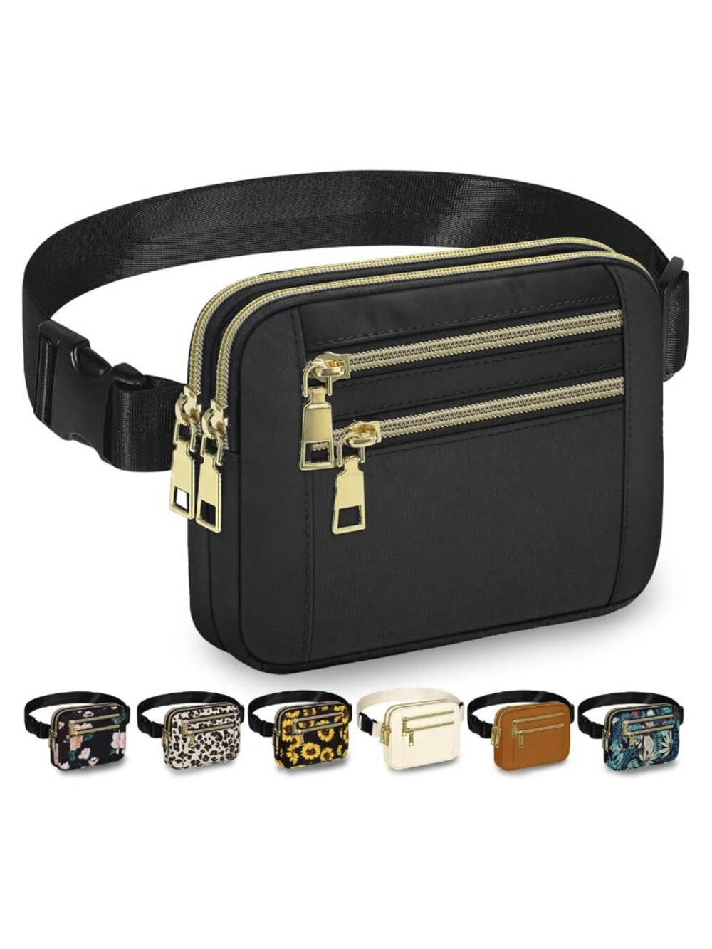 Water Resistant Polyester Fanny Pack Waist Bag Crossbody Belt Bag 4 Zip Pockets